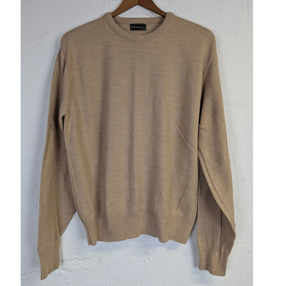 Vtg Orlon Acrylic Sweater Pullover Crew Neck Camel Tan Preppy Womens Large